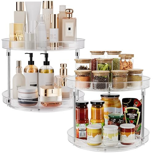 2 Pack 10.6-Inch 2 Tier Lazy Susan Organizer, 360 Degree Rotating Clear Turntable for Cabinet, Makeup and Perfume Organizer for Vanity, Kitchen, and Bathroom Counter Tray | Amazon (US)