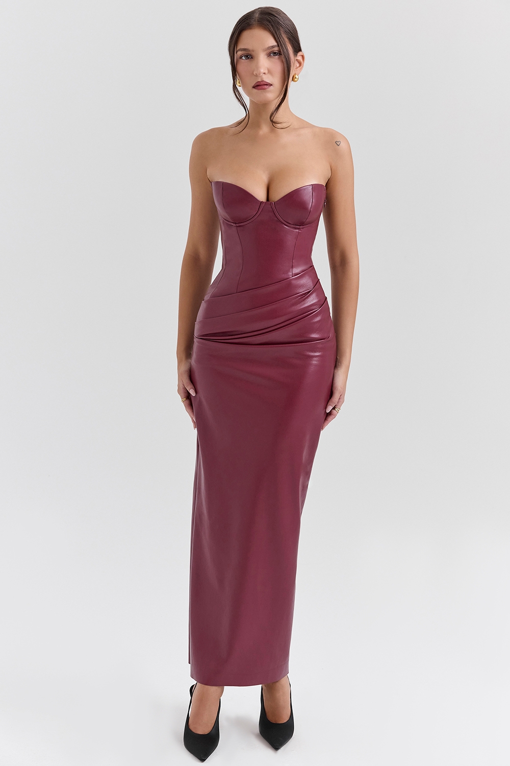 cabernet vegan leather midi dress | House of CB