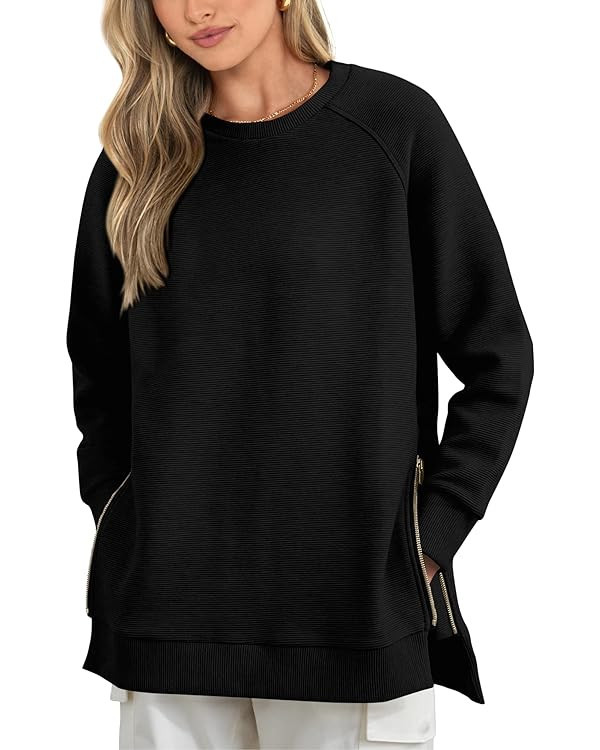 BTFBM Women's Oversized Sweatshirt 2023 Fall Fashion Crew Neck Long Sleeve Slit Casual Pullover T... | Amazon (US)
