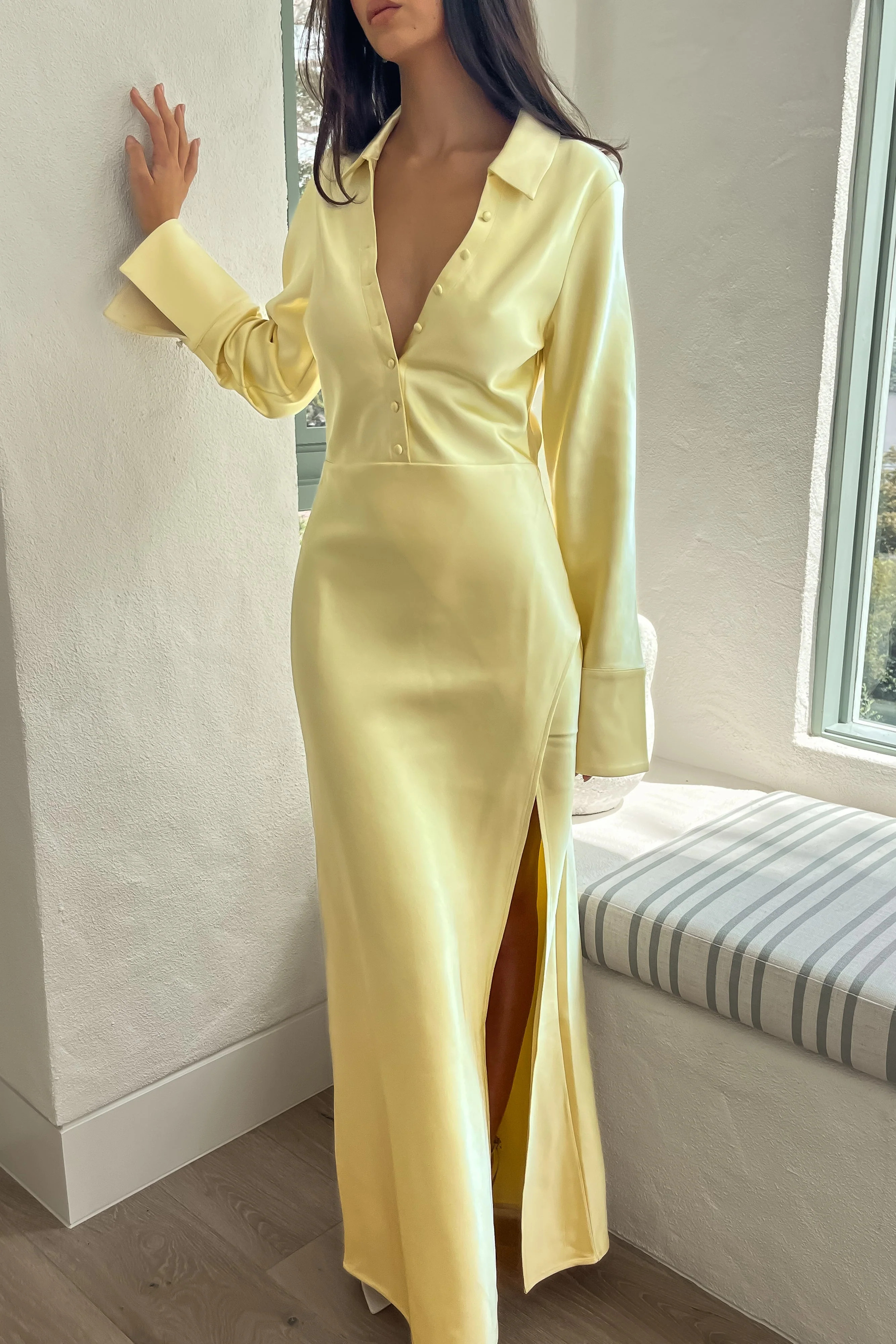 Whitley Satin Collared Maxi Dress - Butter | MESHKI US