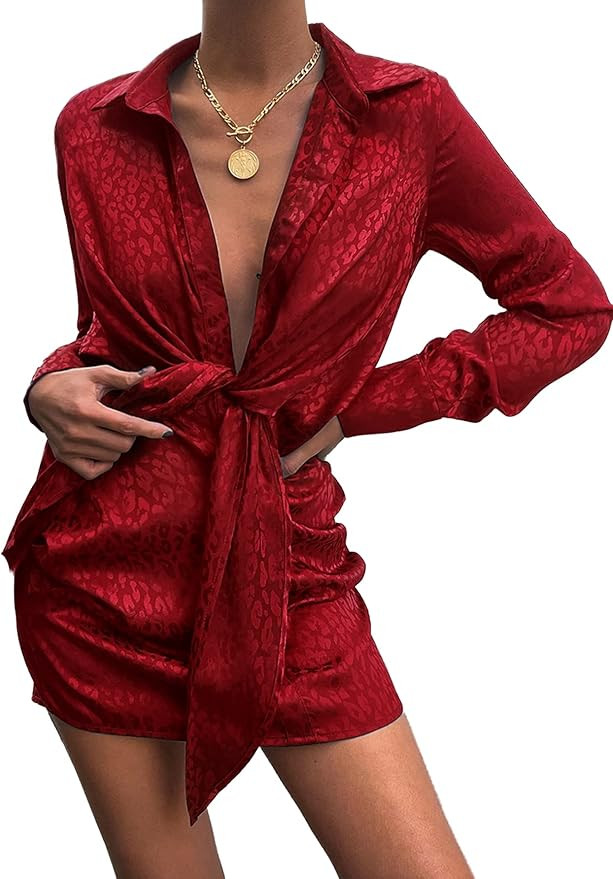 LYANER Women's Leopard Satin Deep Collar V Neck Tie Front Long Sleeve Mini Party Dress | Amazon (US)