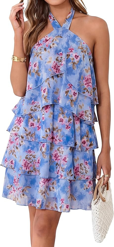 Simplee Womens Summer Floral Mini Dress Casual Sleeveless Halter Ruffle Tiered Chiffon Boho Beach... | Amazon (US)