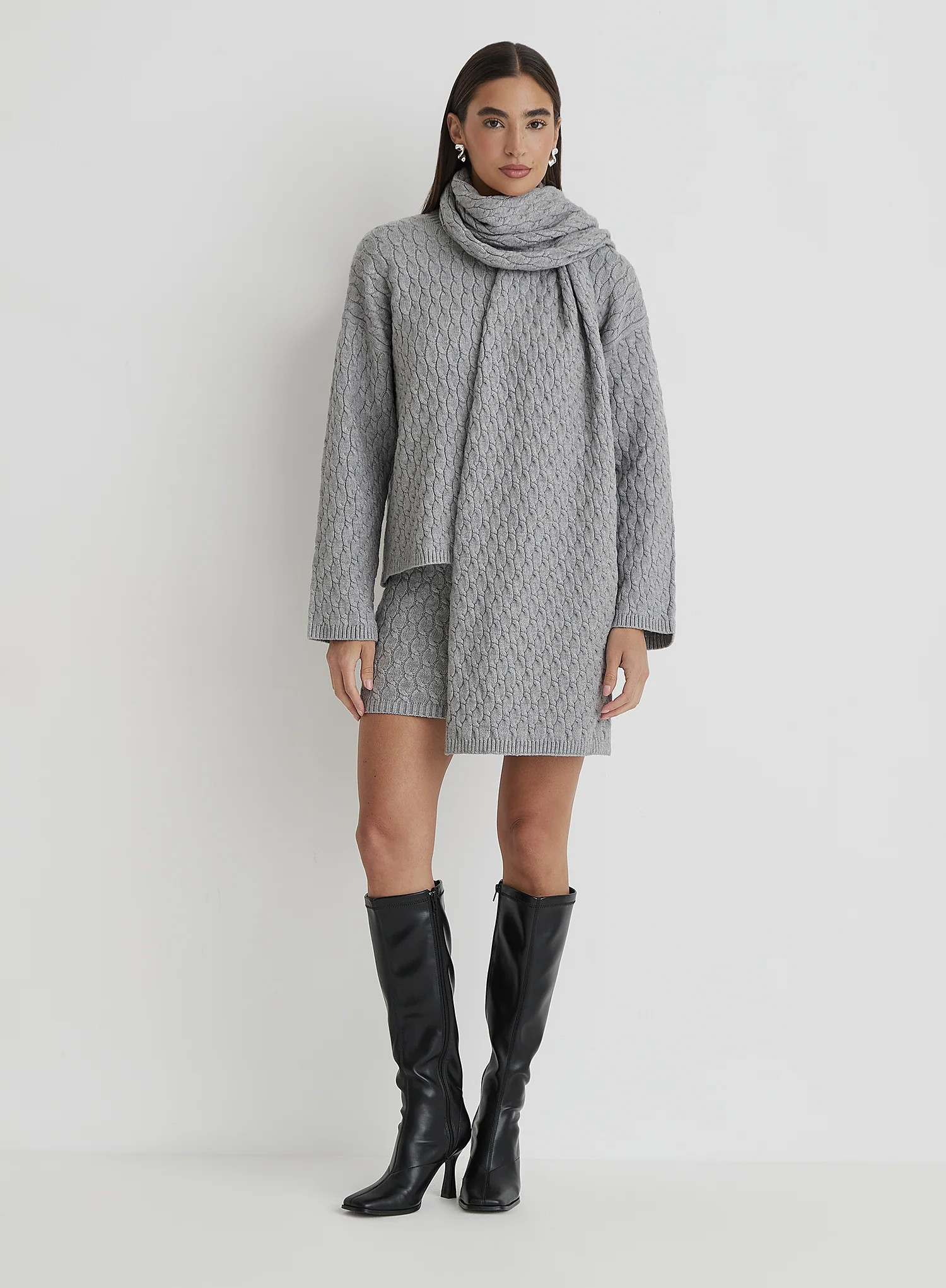 Grey Cable Knit Jumper With Scarf- Gabriel | 4th & Reckless