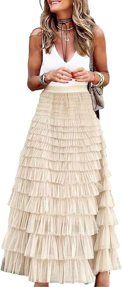 Long Tulle Skirt for Women Trendy High Waisted A Line Fluffy Fairy Mesh Layered Ruffle Skirt | Amazon (US)