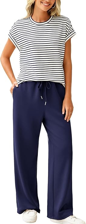 Glamaker Women's 2 Piece Sets Striped Summer Outfits Short Sleeve Shirts Wide Leg Pants Casual Lo... | Amazon (US)