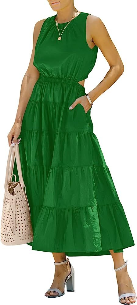 LOGENE Womens Summer Casual Sleeveless Solid Cut Out Long Dress Ruffle Tiered A-Line Flowy Swing ... | Amazon (US)