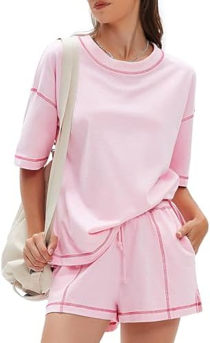 EXLURA Women's Casual Summer 2 Piece Sets 100% Cotton Short Sleeve Tshirt and Shorts Matching Swe... | Amazon (US)