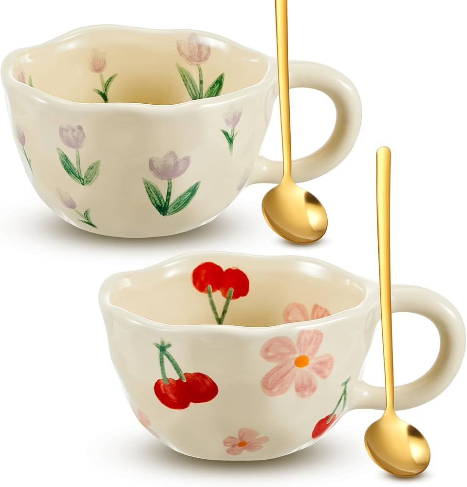 Vesici 2 Pcs Ceramic Coffee Mugs Flower Mugs with Spoon Vintage Floral Mugs with Handle 8.5 oz Cu... | Amazon (US)