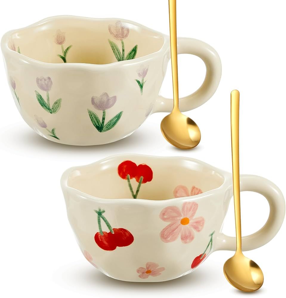 2 Pcs Ceramic Coffee Mug Creative Flower Cup Floral Mug with Handles 8.5 oz Cute Aesthetic Tea Po... | Amazon (US)