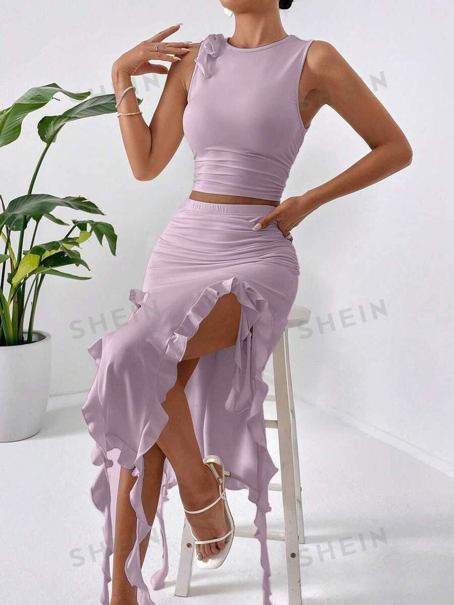 SHEIN Privé Women'S Solid Color Ruffle Trim Wrinkle Design Slim Fit Two Piece Set | SHEIN