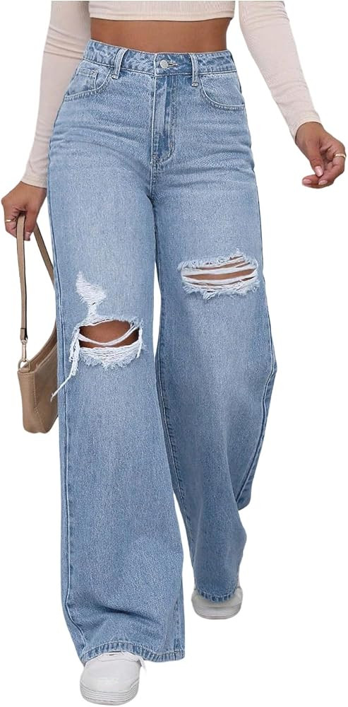 WDIRARA Women's Ripped Wide Leg Baggy Jeans Distressed Denim Pants | Amazon (US)