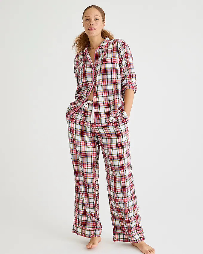 Flannel long-sleeve pajama pant set in white Stewart tartan | J. Crew US