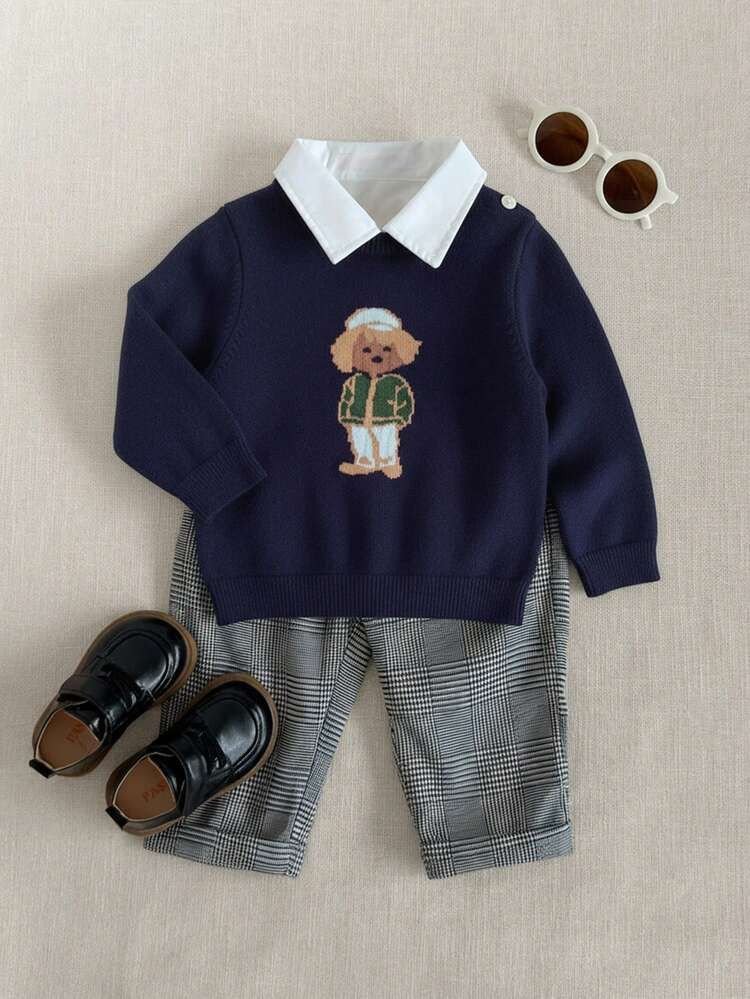PrepCrw Baby Boy Cute Cartoon Dog Pattern Long Sleeve Knit Sweater Multicolor Regular Length For ... | SHEIN