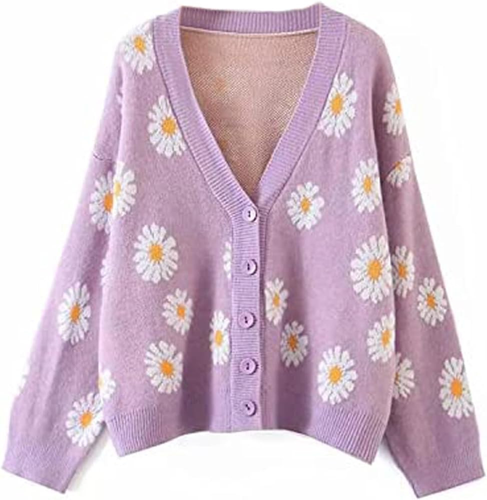 Hyipels Women's Long Sleeve Cardigan Sweater,Cute Y2K Top Knit Colorful Patterned V Neck Button O... | Amazon (US)