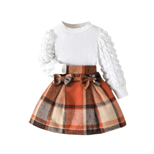 Noubeau Toddler Girls Plaid Outfits Girls Puff Sleeve Knit Ribbed Shirt Tops Plaid Skirt Set Kids Fall Winter Clothes(Orange-Brown,11 Years) | Amazon (US)