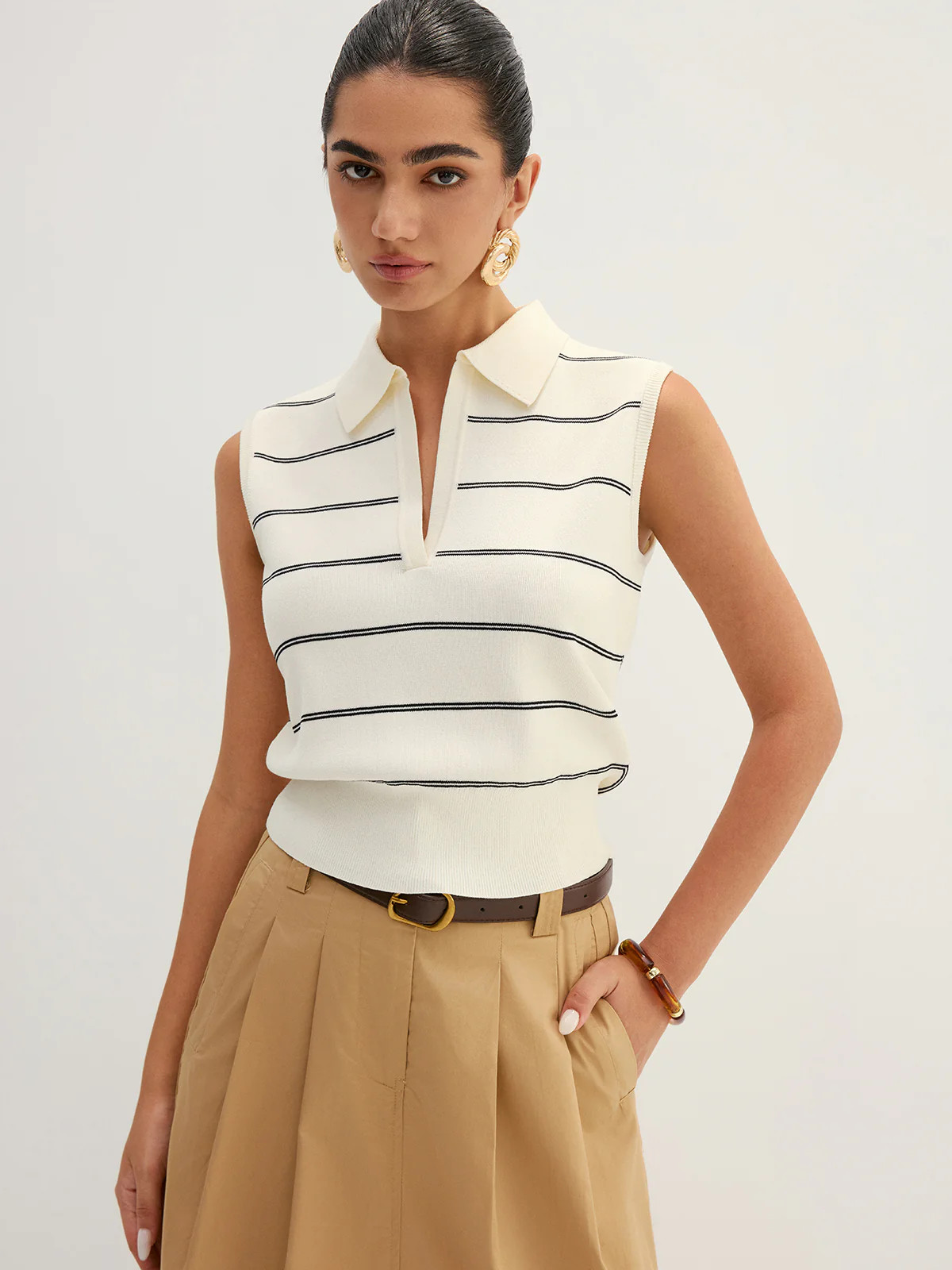 Striped Polo Collar Sleeveless Knit Top | Commense