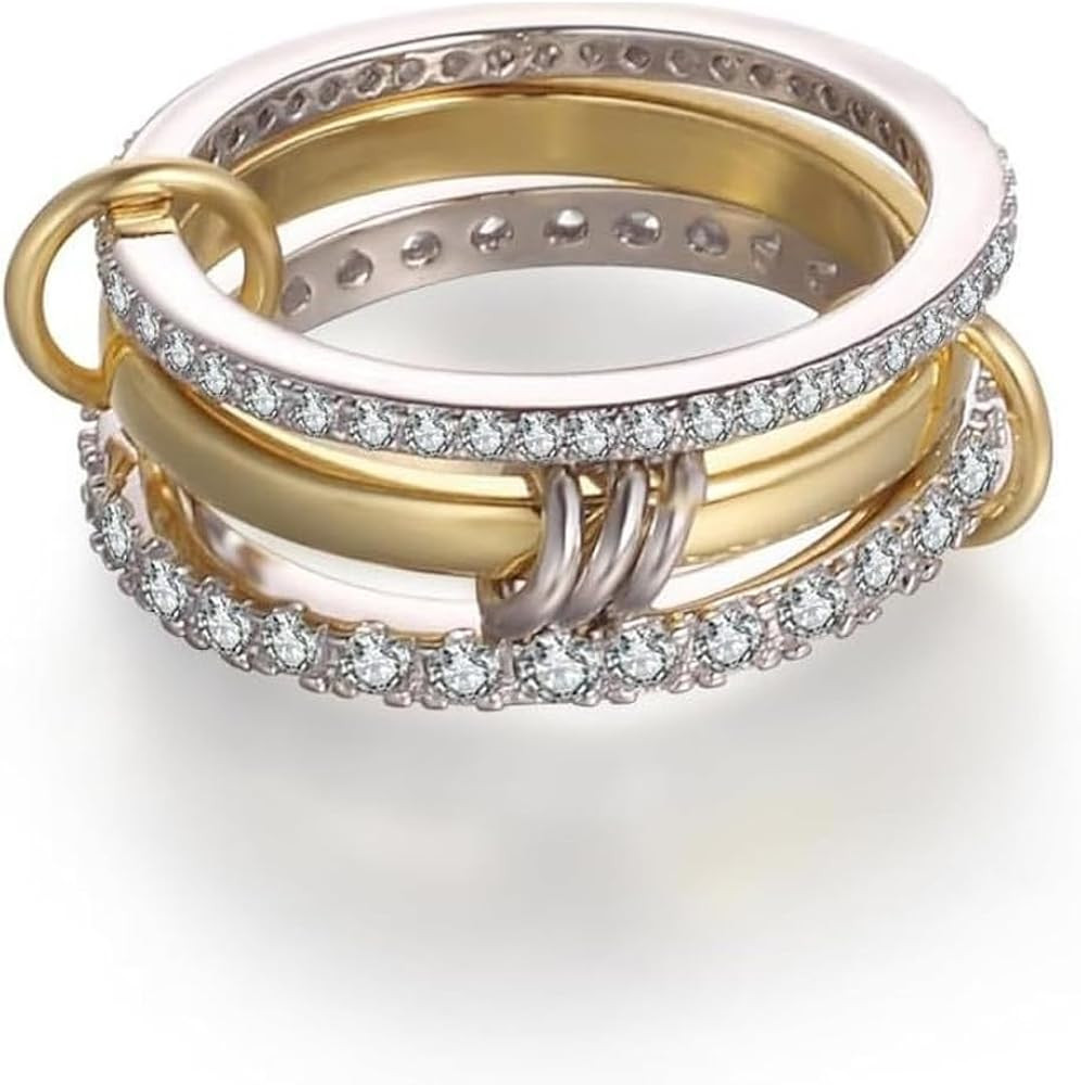 Chunky Stackable Cubic Zirconia Rings For Women, 18k Gold Plated 3 Rings Set Multi-Link Connected... | Amazon (US)