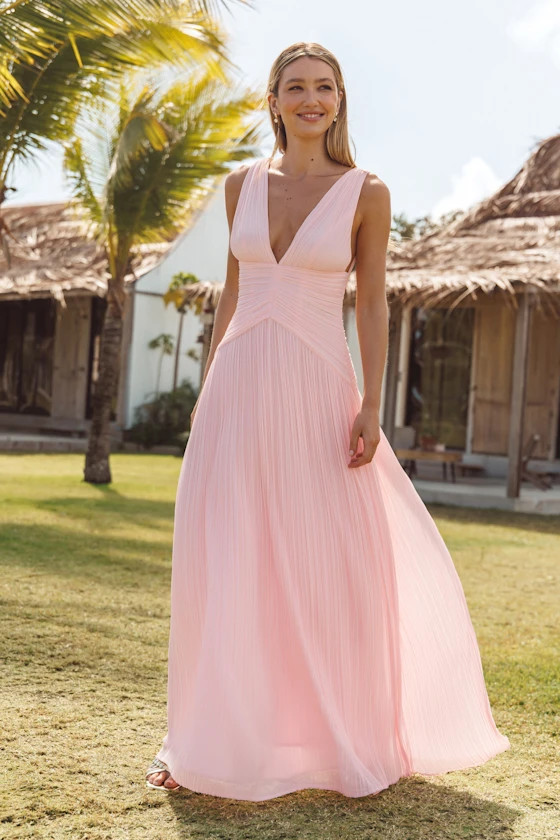 Kelina Light Pink Pleated Drop Waist Maxi Dress | Lulus