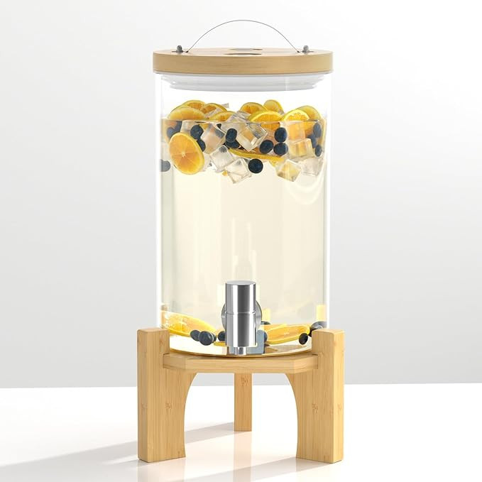1 Gallon Glass Drink Dispenser For Parties, Beverage Dispenser With Bamboo Wood Stand And Stainle... | Amazon (US)