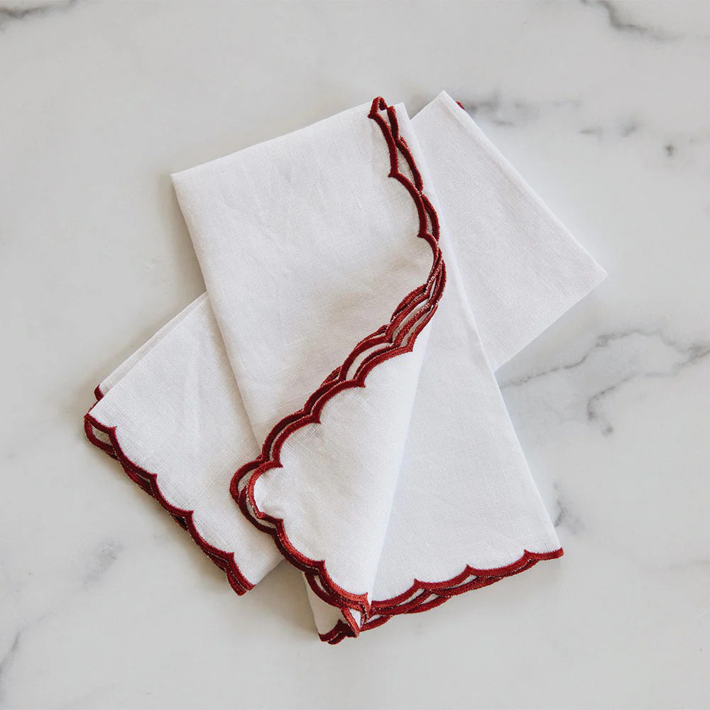 Scallop Border Linen Napkin Set - Red | Roan Iris