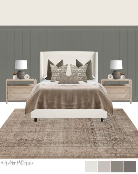 Bedroom decor mood board, cozy cottage bedroom, home design ideas, home inspiration #bedroom 
Wall color is SW Attitude Gray

#LTKhome #LTKstyletip #LTKsalealert