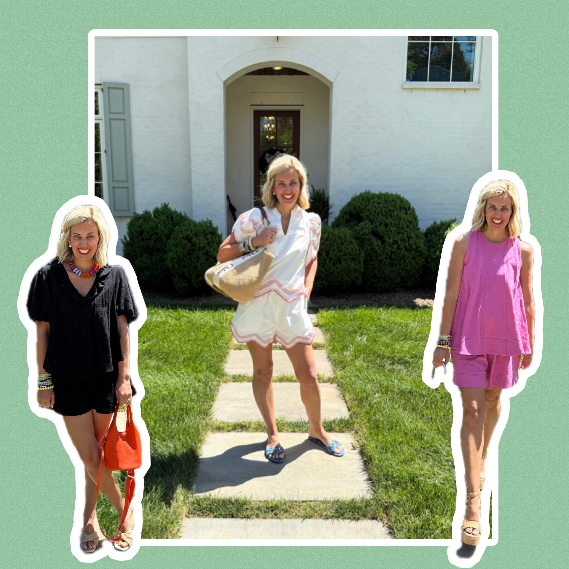 Adorable short sets I’m loving lately! 
Black set - small
Tnuck top- xs
Tnuck shorts - small
Pink set - xs 
Heels - 8 tts
Sandals - 38.5 (1/2 size up)
*Use my Petal & Pup code mixandmatch20
*Use my A+B code Catherine20


#LTKootd #LTKSeasonal #LTKmomlife