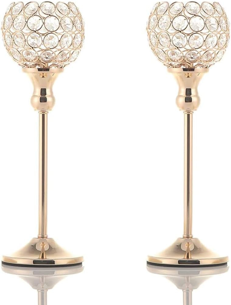 VINCIGANT Gold Crystal Candle Holders Set of 2 for Fireplace Coffee Table Mantle Decor,Wedding Ho... | Amazon (US)