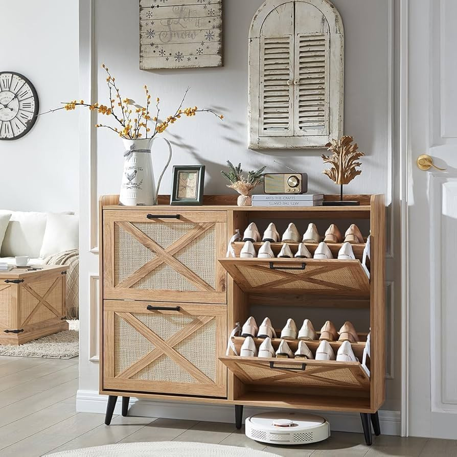 Shoe Storage Cabinet, Boho Shoe Organizer with 4 Flip Drawers & Rattan Design,Farmhouse Freestand... | Amazon (US)