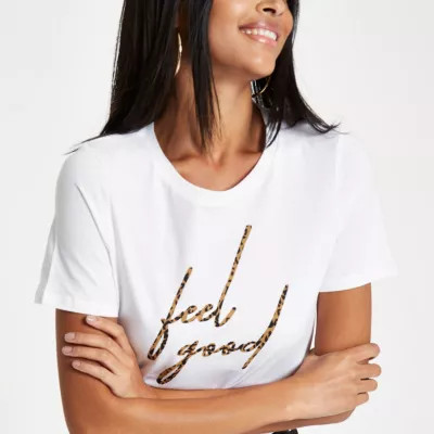White 'feel good' leopard print T-shirt | River Island (UK & IE)