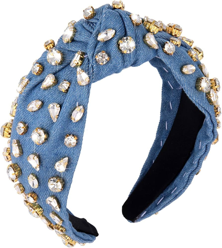 Crystal Velvet Headband Cross Knotted Turban Headdress Colorful rhinestone Statement Wide Hair Ba... | Amazon (US)