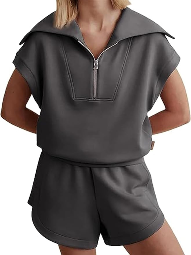 Meladyan Women Two Piece Outfits Tracksuit Half Zip Lapel Cap Sleeve Sweatshirt High Waist Drawst... | Amazon (US)