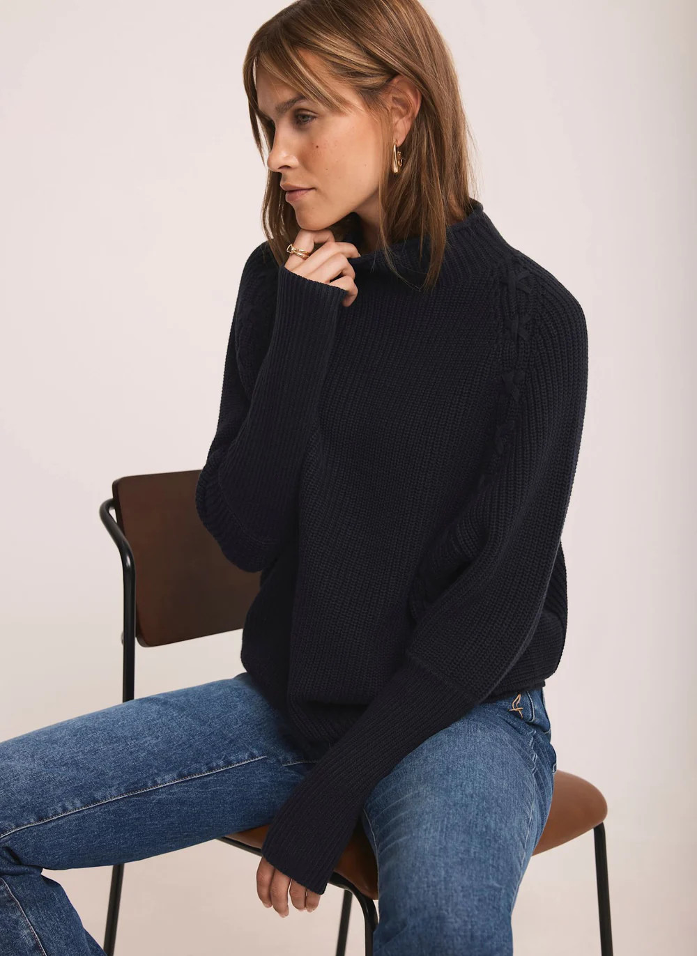 Navy Whipstitch Cotton Blend Jumper | Mint Velvet