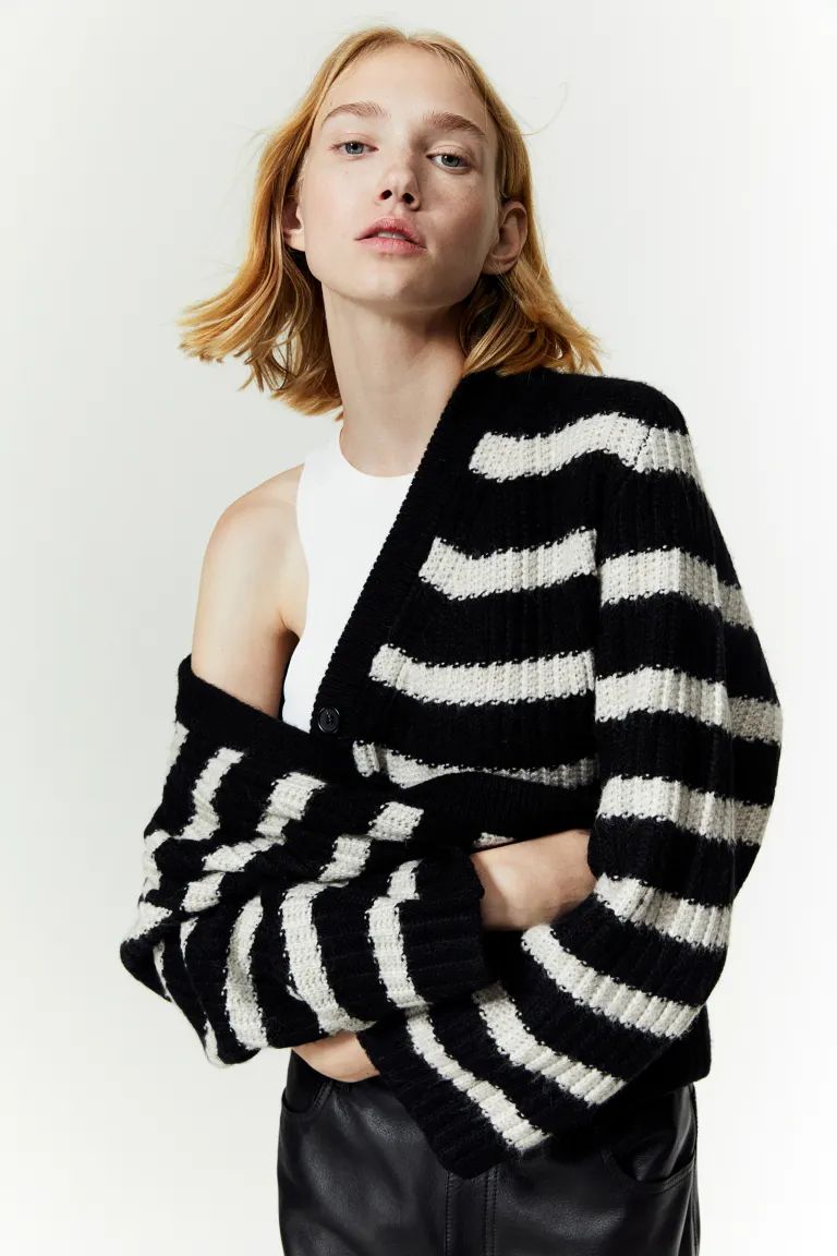 Rib-knit Cardigan - Black/striped - Ladies | H&M US | H&M (US + CA)