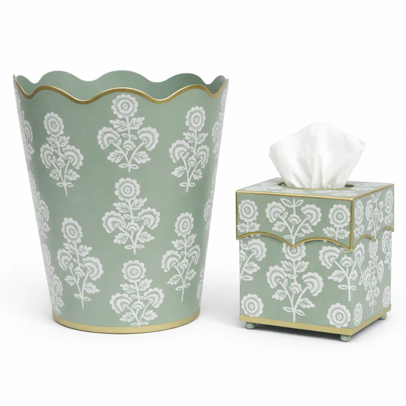Green Floral Scalloped Wastepaper Basket & Tissue (3 Options) | The Enchanted Home