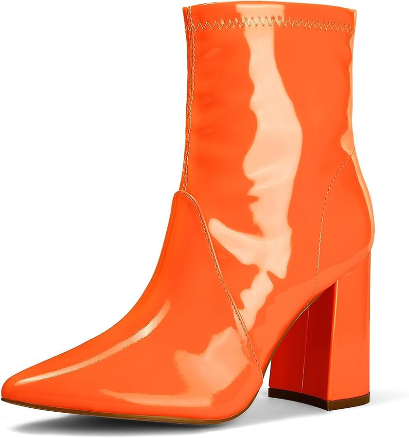 mysoft Women's GoGo Boots Mid Calf Block Heel Ankle Boots Pointed Toe Patent Leather Side Zipper ... | Amazon (US)