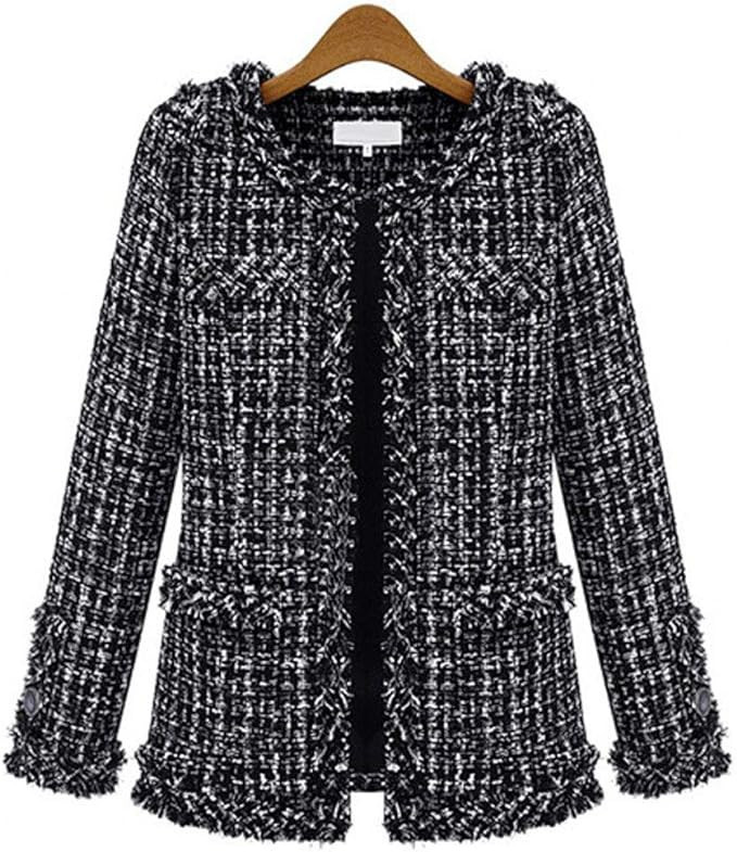 ebossy Women's Elegant Open Front Round Neck Fringed Plaid Tweed Jacket | Amazon (US)