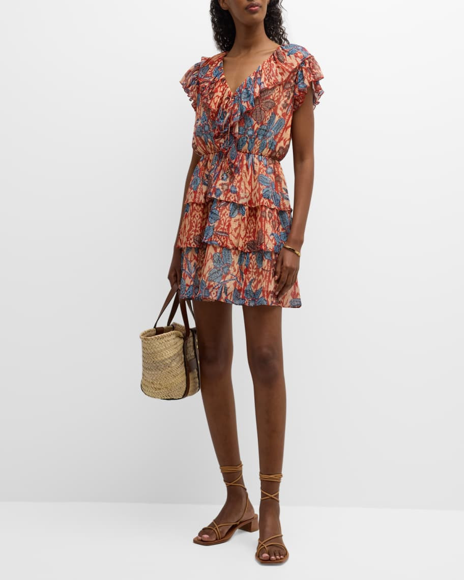 Marie Oliver Gemma Shimmer Botanical-Print Ruffle Mini Dress | Neiman Marcus