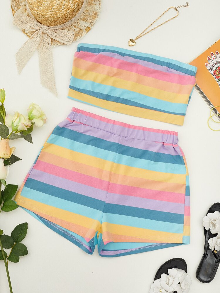 Plus Rainbow Striped Crop Tube Top & Shorts Set | SHEIN