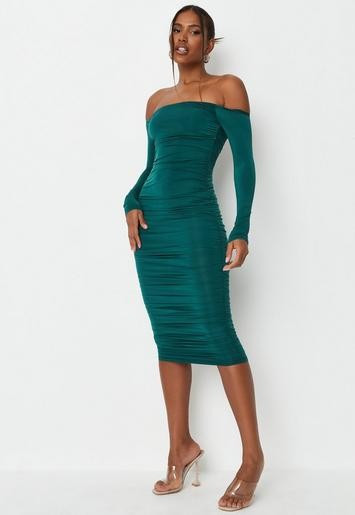 Green Ruched Double Layer Slinky Bardot Midi Dress | Missguided (US & CA)
