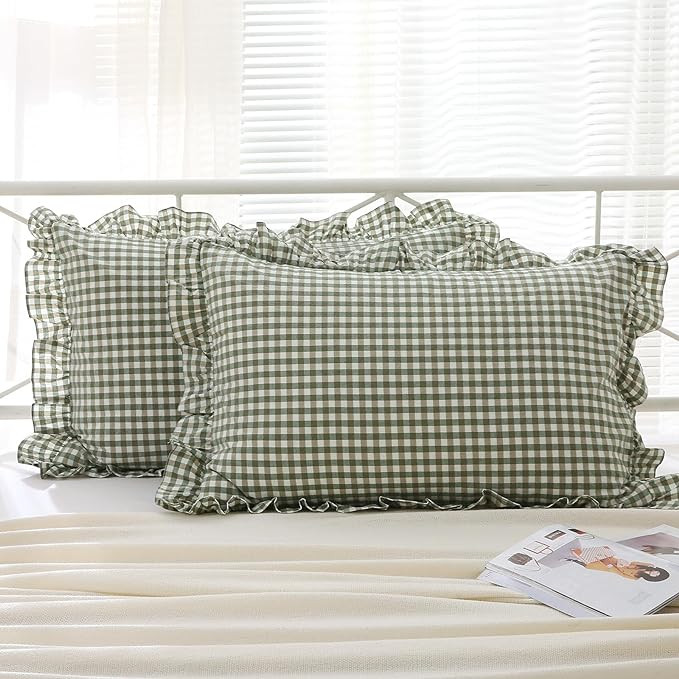 2 Pack Sage Green White Plaid Ruffle Pillow Shams Standard Size 20x26 inches, 100% Cotton Gingham... | Amazon (US)