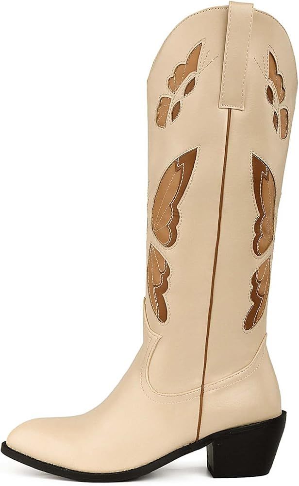 Butterfly Embroidered Cowboy Boots for Women Vintage Round Toe Chunky Heel Mid Calf Western Boots... | Amazon (US)