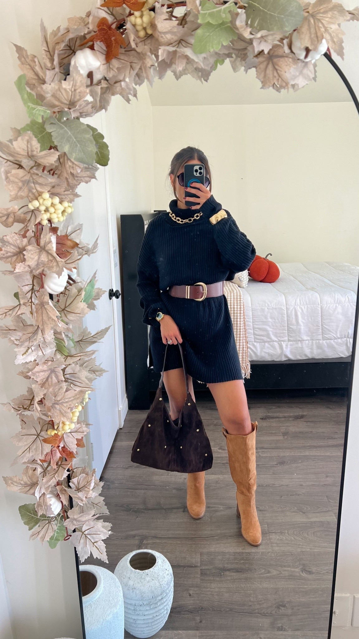 Fall outfit idea with a sweater dress. It’s oversized and actually long. I shortened it by scrunching it into the belt 

#LTKStyleTip #LTKSeasonal #LTKFindsUnder50