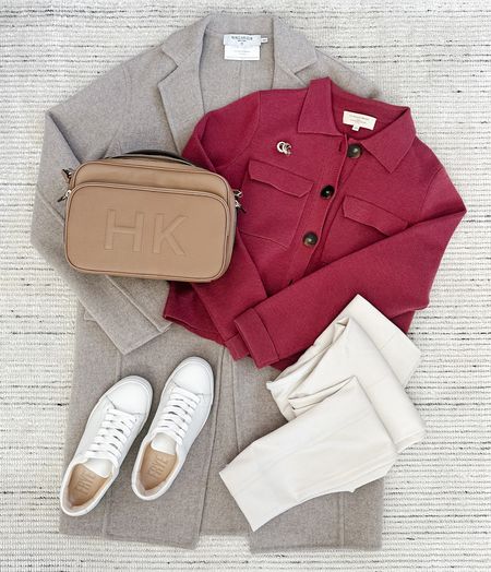 Winter outfit with berry cardigan top paired with wool cashmere jacket and work appropriate leggings and sneakers for a chic look. Jacket is on sale for 40% off and is great for winter workwear! 

#LTKSeasonal #LTKsalealert #LTKstyletip