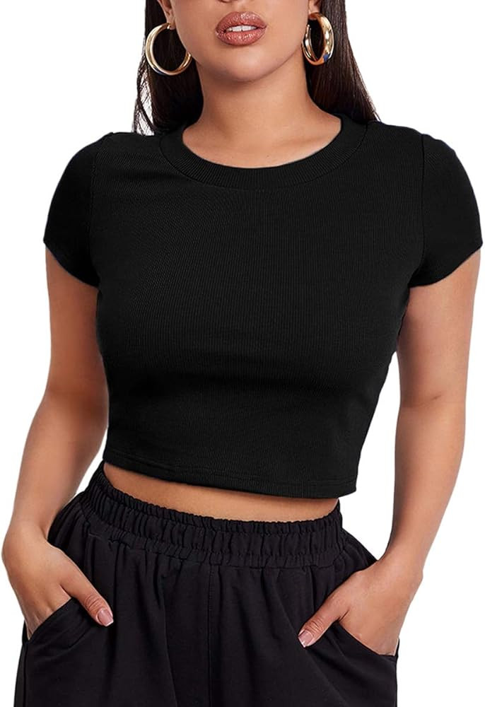 Romwe Women's Casual Summer Crop Top Solid Short Sleeve Workout Crop Blouse Tee T-Shirt | Amazon (US)