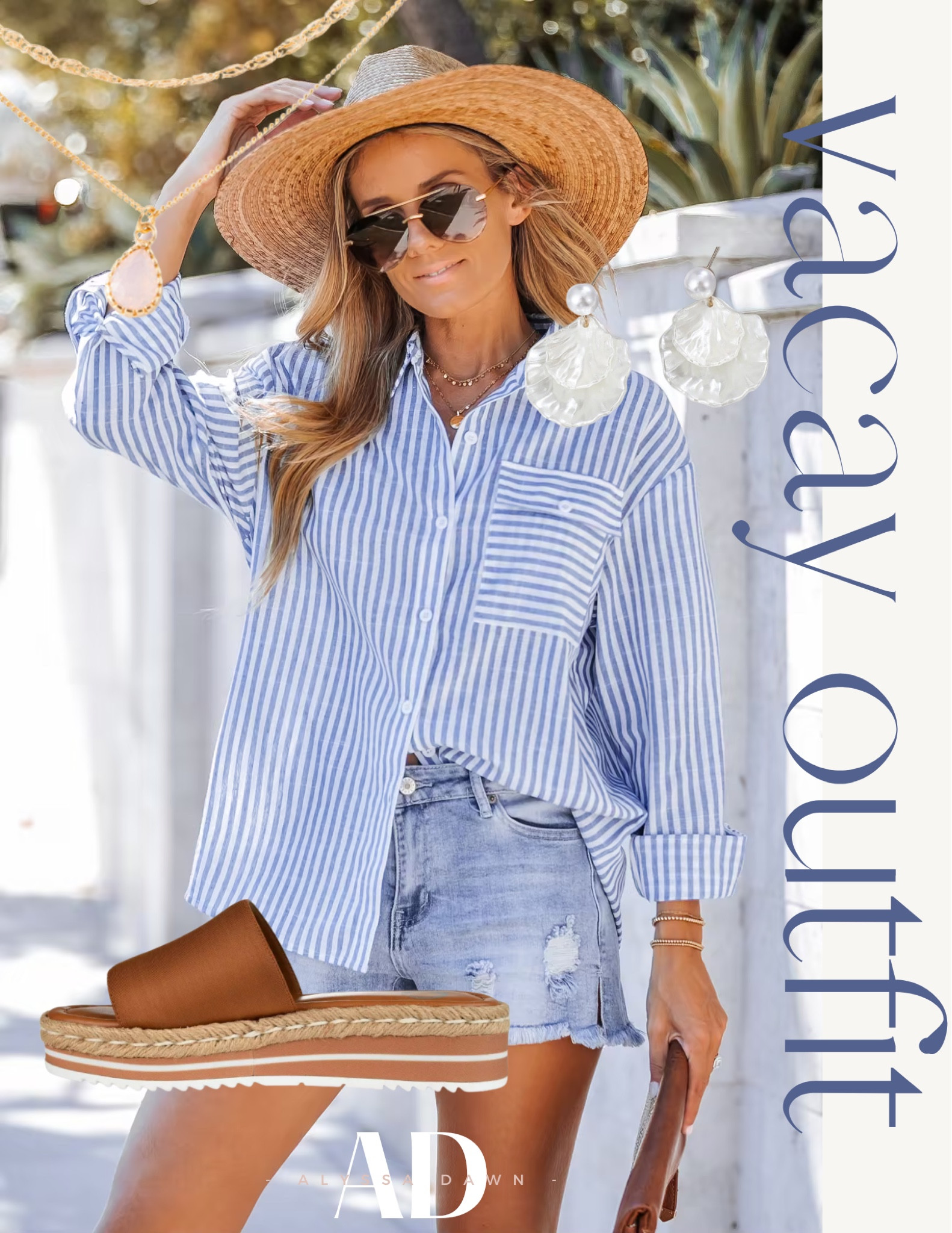 The perfect outfit for our upcoming cruise! 

Striped button up, denim shorts, straw beach hat, jewelry, wedge sandals, sunglasses 

#LTKFind #LTKtravel #LTKstyletip