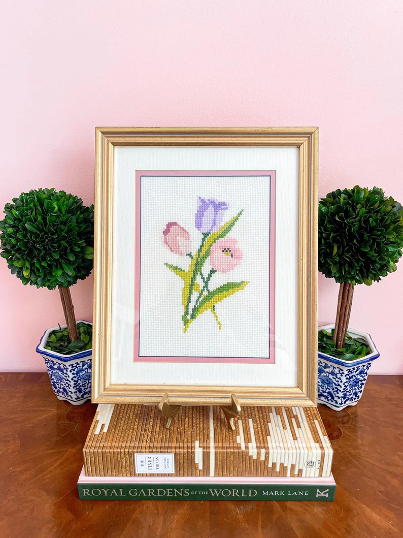 Vintage Botanical Tulip Flower Needlepoint Art in Gold Frame  - Etsy | Etsy (US)