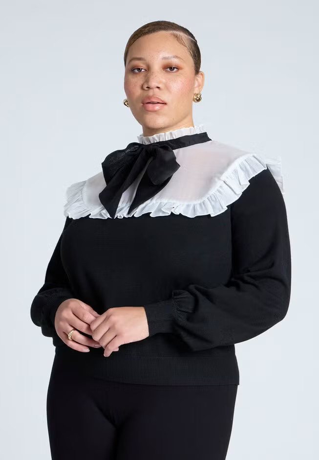 Sheer Yoke Sweater With Tie Neck | Eloquii