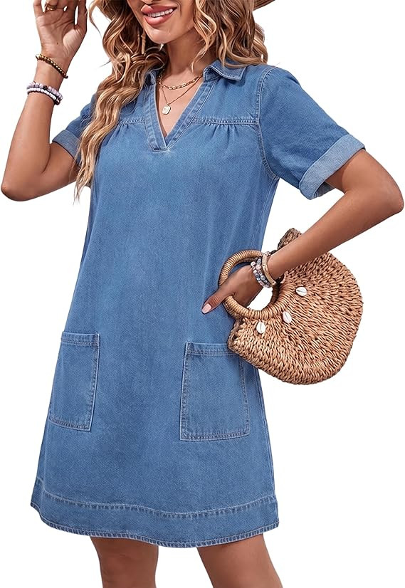 Women's Denim Dress Short Sleeve Jean Dress Summer Shirt Dresses Western Cowgirl Country Concert ... | Amazon (US)