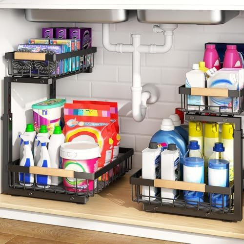 PXRACK 2 Pack Under Sink Organizer,Adjustable Height,2 Tier Pull Out Under Cabinet Organizer,Slid... | Amazon (US)