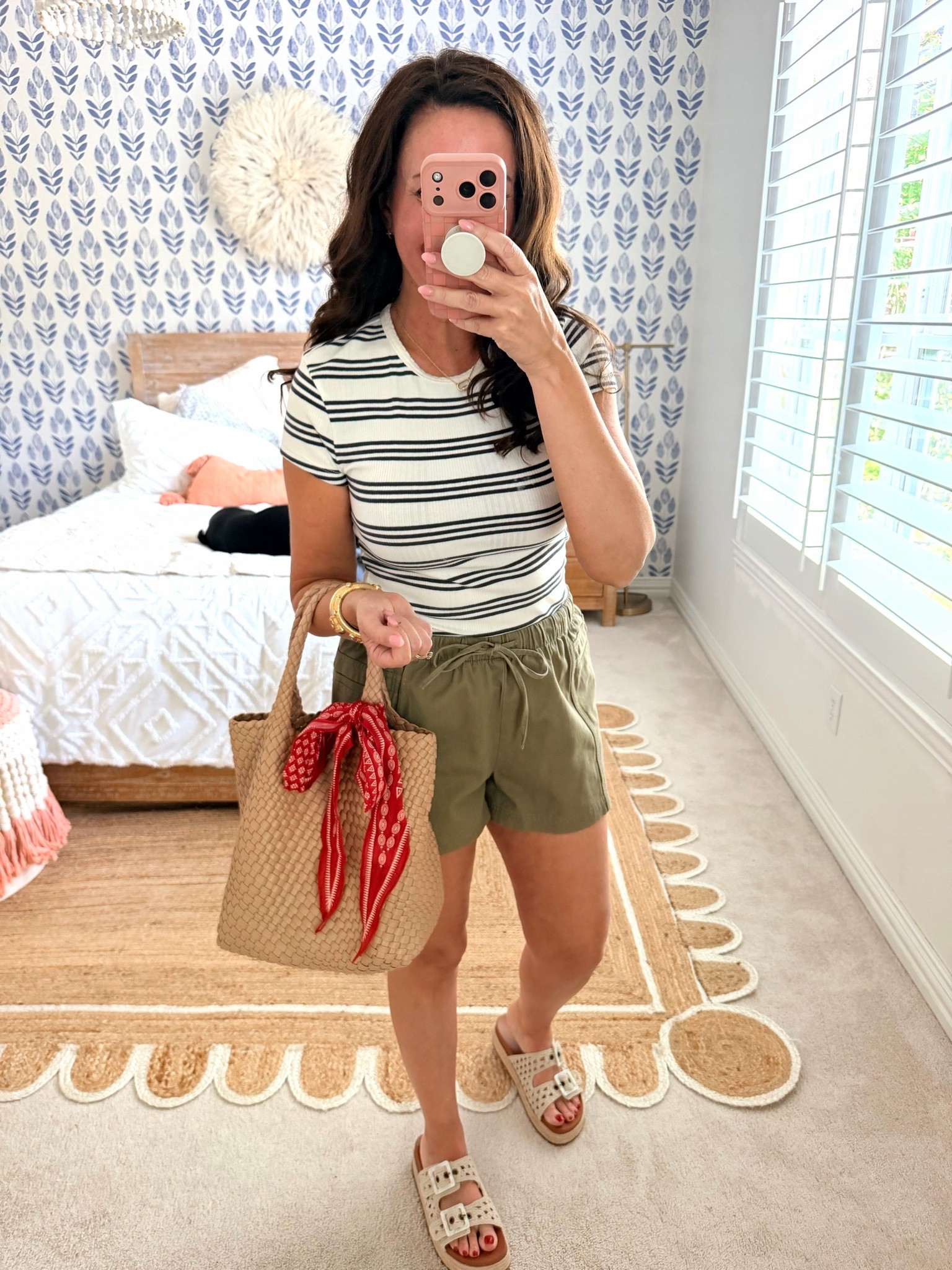 Tee- wearing a small. On sale for $9
Shorts- 50% off. Wearing a medium 
How cute is the pop of red?! Lots of scarf options in red, white and blue!
.

#LTKmomlife #LTKSaleAlert #LTKSeasonal